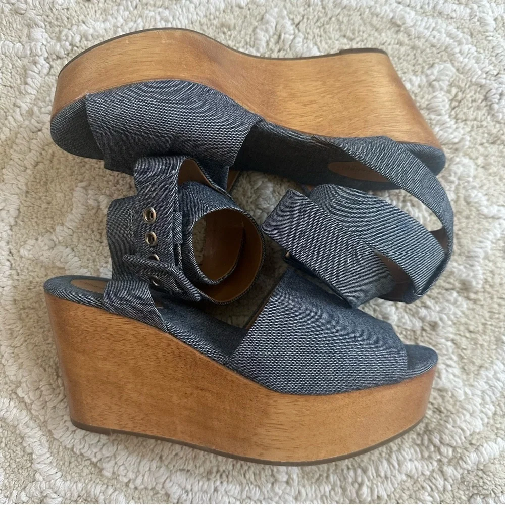 Vintage GAP Design Editions Denim & Wood Ankle Strap with Buckle Platforms